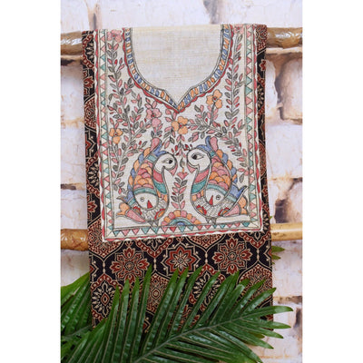 Ajrakh Kurti Fabric with Hand Painted Madhubani Neck Yoke