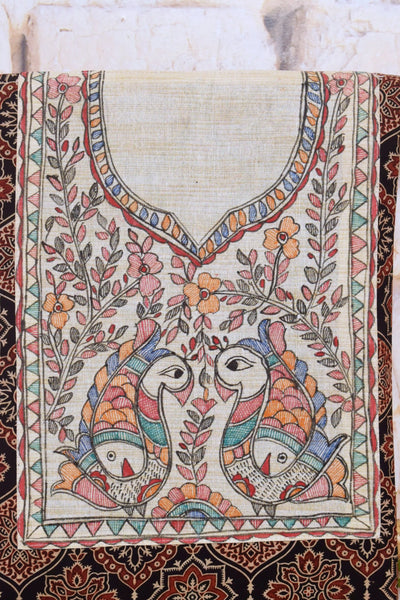 Ajrakh Kurti Fabric with Hand Painted Madhubani Neck Yoke