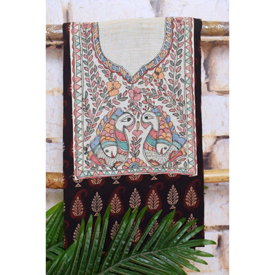 Ajrakh Kurti Fabric with Hand Painted Madhubani Neck Yoke