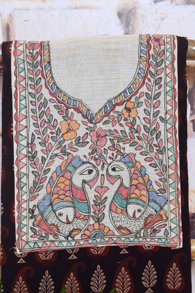 Ajrakh Kurti Fabric with Hand Painted Madhubani Neck Yoke