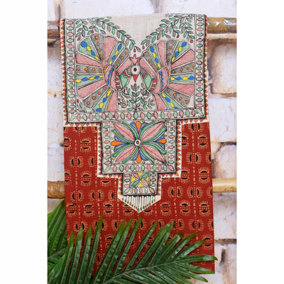 Ajrakh Kurti Fabric with Hand Painted Madhubani Neck Yoke