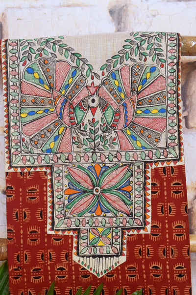 Ajrakh Kurti Fabric with Hand Painted Madhubani Neck Yoke