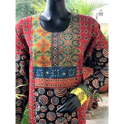 Madder-Black Ajrakh Cotton Designer Kurti