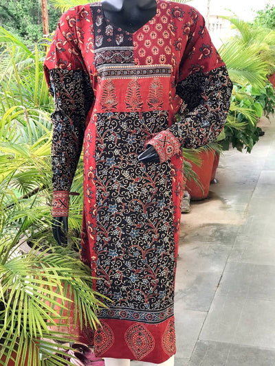 Madder-Black Ajrakh Cotton Designer Kurti