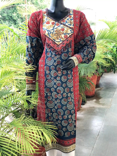 Madder Ajrakh Designer Cotton Patchwork Kurti