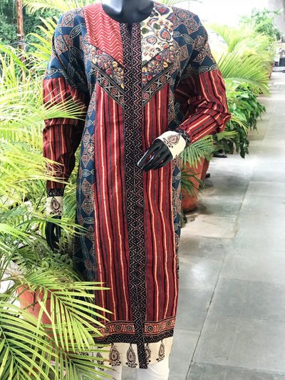 Indigo Ajrakh Designer Cotton Patchwork Kurti