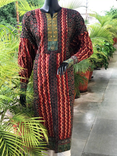 Black Ajrakh Designer Cotton Patchwork Kurti