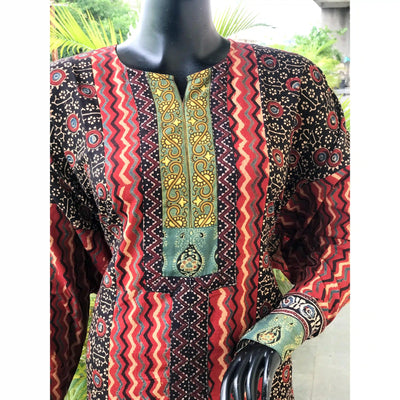 Black Ajrakh Designer Cotton Patchwork Kurti