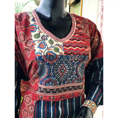 Madder Ajrakh Designer Cotton Patchwork Kurti