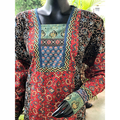 Black Ajrakh Designer Cotton Patchwork Kurti