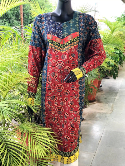 Indigo Ajrakh Designer Cotton Patchwork Kurti