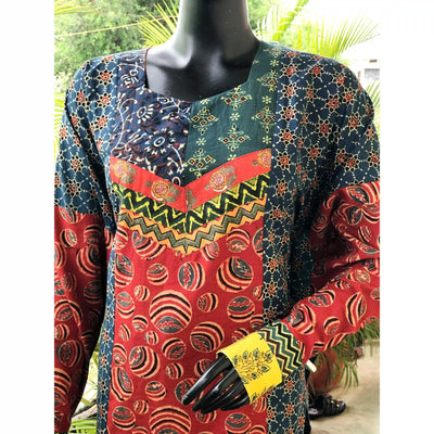 Indigo Ajrakh Designer Cotton Patchwork Kurti