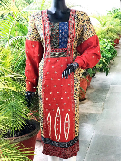 Red-Yellow Kalamkari-Khari Block Print Cotton Designer Kurti