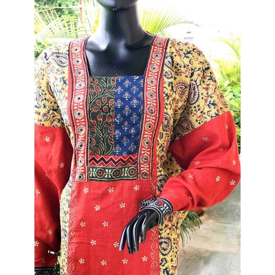Red-Yellow Kalamkari-Khari Block Print Cotton Designer Kurti