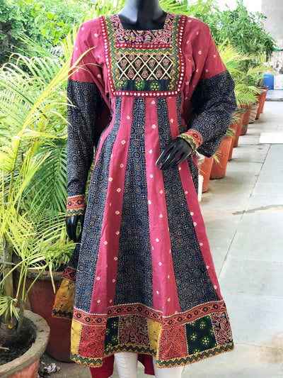 Indigo-Pink Ajrakh-Bandhani Cotton Designer Anarkali