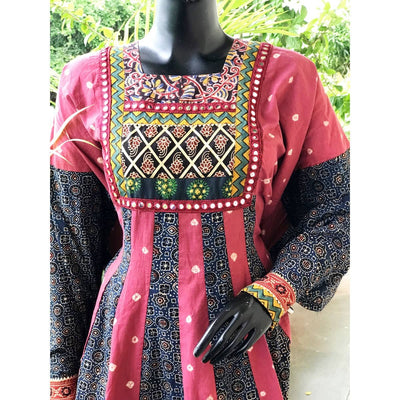 Indigo-Pink Ajrakh-Bandhani Cotton Designer Anarkali