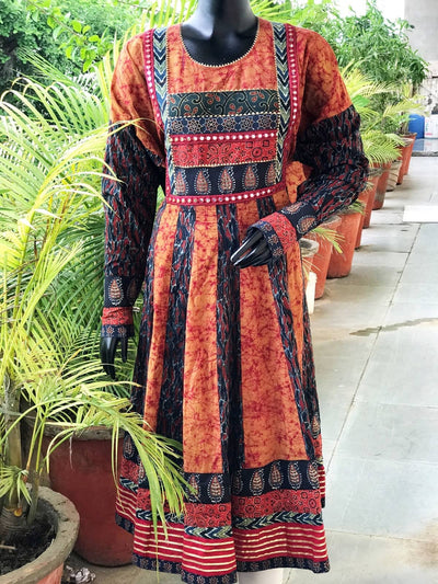 Indigo-Orange Ajrakh-Batik Cotton Designer Anarkali
