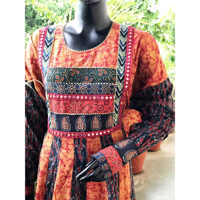 Indigo-Orange Ajrakh-Batik Cotton Designer Anarkali