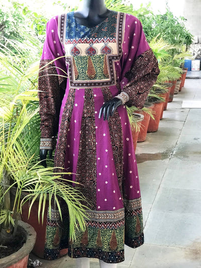 Black-Purple Ajrakh-Bandhani Cotton Designer Anarkali