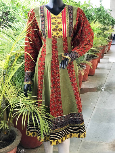 Madder-Green Ajrakh Cotton Designer Anarkali