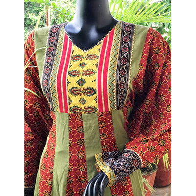 Madder-Green Ajrakh Cotton Designer Anarkali