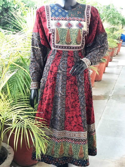 Black-Maroon Ajrakh-Batik Cotton Designer Anarkali