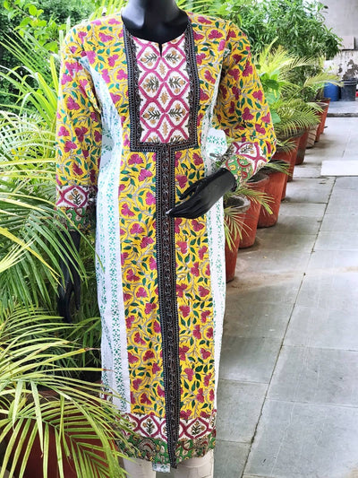 Cream-Yellow Jaipuri Block Print Designer Kurti