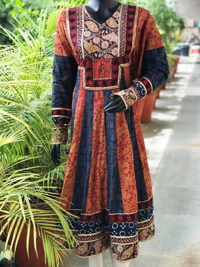 Blue-Orange Ajrakh-Batik Cotton Designer Anarkali