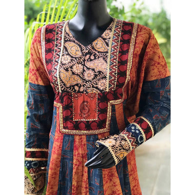 Blue-Orange Ajrakh-Batik Cotton Designer Anarkali