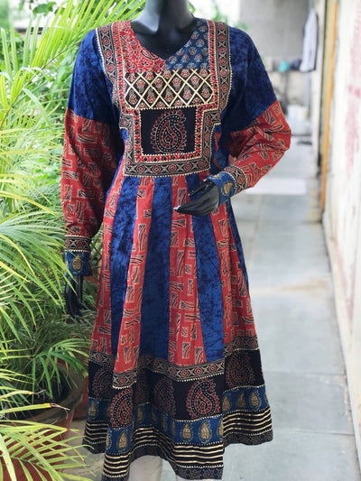 Blue-Red Ajrakh-Batik Cotton Designer Anarkali