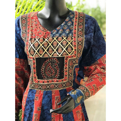Blue-Red Ajrakh-Batik Cotton Designer Anarkali