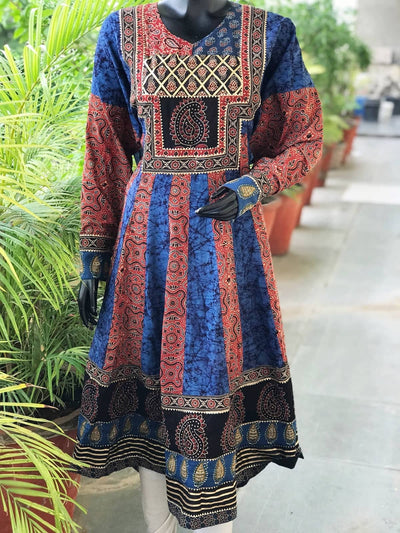 Blue-Red Ajrakh-Batik Cotton Designer Anarkali