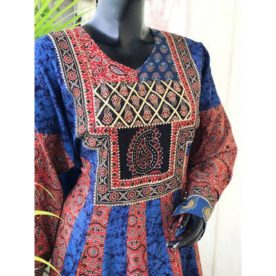 Blue-Red Ajrakh-Batik Cotton Designer Anarkali