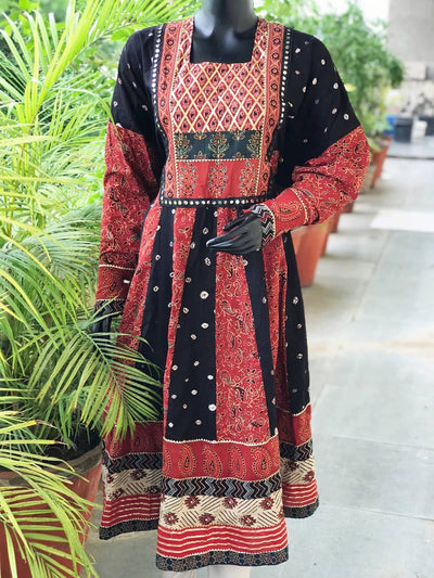 Black-Madder Ajrakh-Bandhani Cotton Designer Anarkali