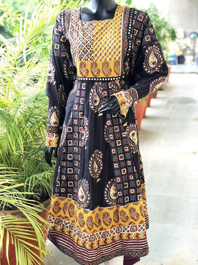 Black Gold Block Cotton Designer Anarkali