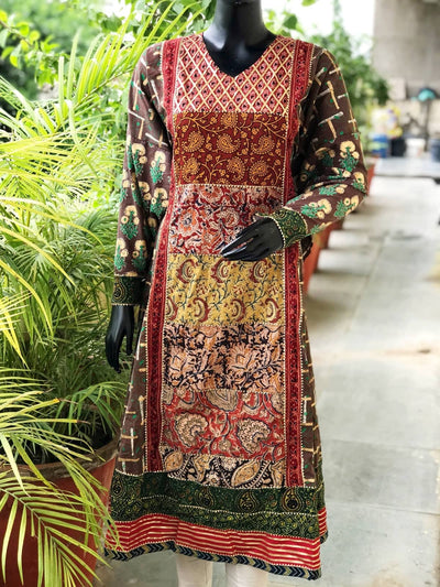 Mud Brown Gold Block Cotton Designer Anarkali