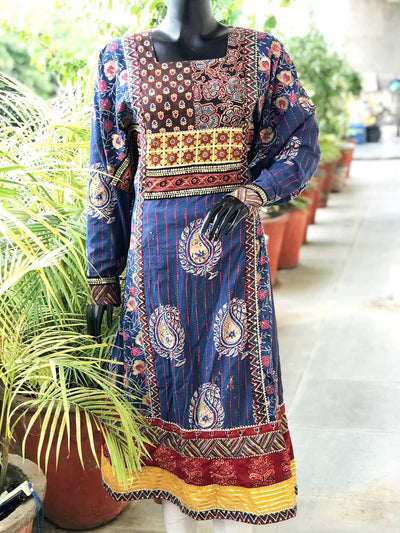 Blue Gold Block Cotton Designer Anarkali