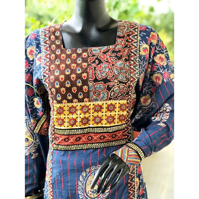 Blue Gold Block Cotton Designer Anarkali