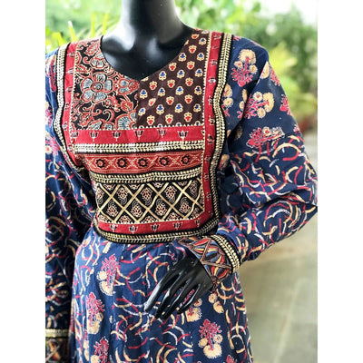 Blue Gold Block Cotton Designer Anarkali