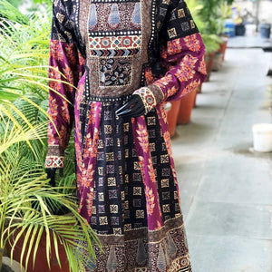 Black-Purple Gold Block Cotton Designer Anarkali