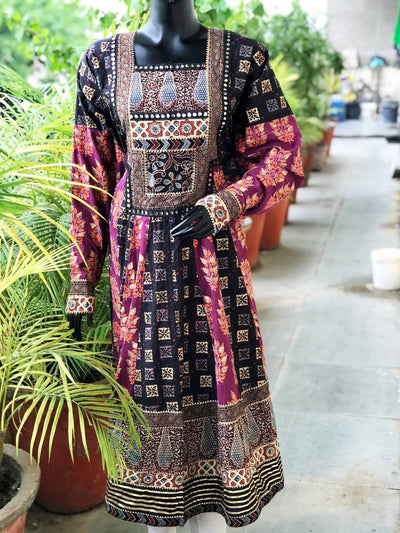 Black-Purple Gold Block Cotton Designer Anarkali