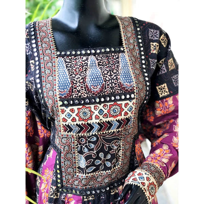 Black-Purple Gold Block Cotton Designer Anarkali