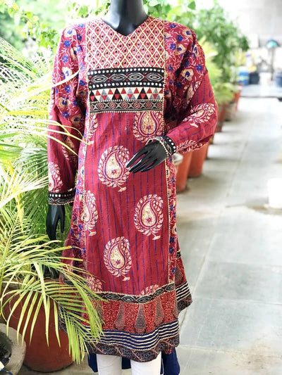 Burgundy Gold Block Cotton Designer Anarkali