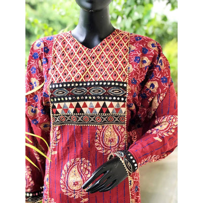 Burgundy Gold Block Cotton Designer Anarkali