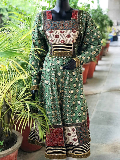 Green Gold Block Cotton Designer Anarkali