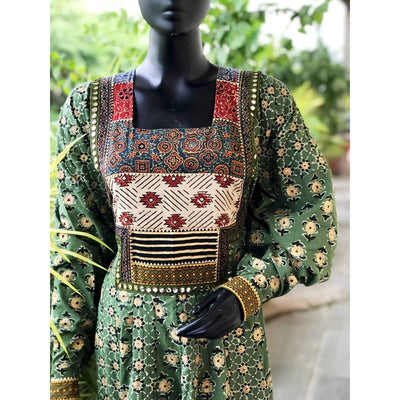 Green Gold Block Cotton Designer Anarkali