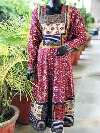 Burgundy Gold Block Cotton Designer Anarkali