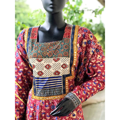 Burgundy Gold Block Cotton Designer Anarkali