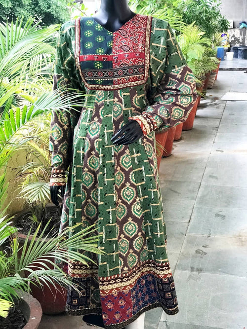 Green-Mud Brown Gold Block Cotton Designer Anarkali – alternate view