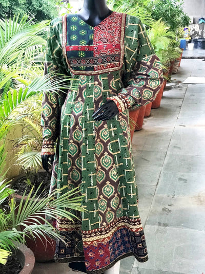 Green-Mud Brown Gold Block Cotton Designer Anarkali